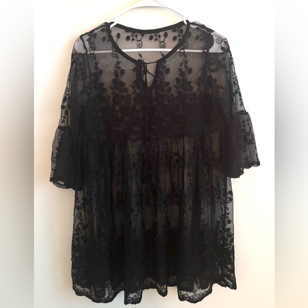 Black Sheer Lace Babydoll Blouse Floral Mesh Empire Waist Layering Small Indie